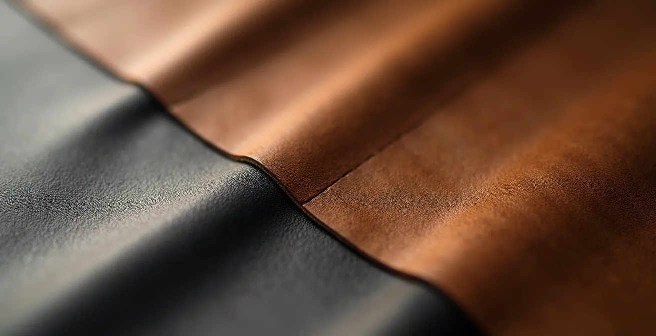 Détail macro de différentes textures de mobilier événementiel montrant bois, cuir et métal