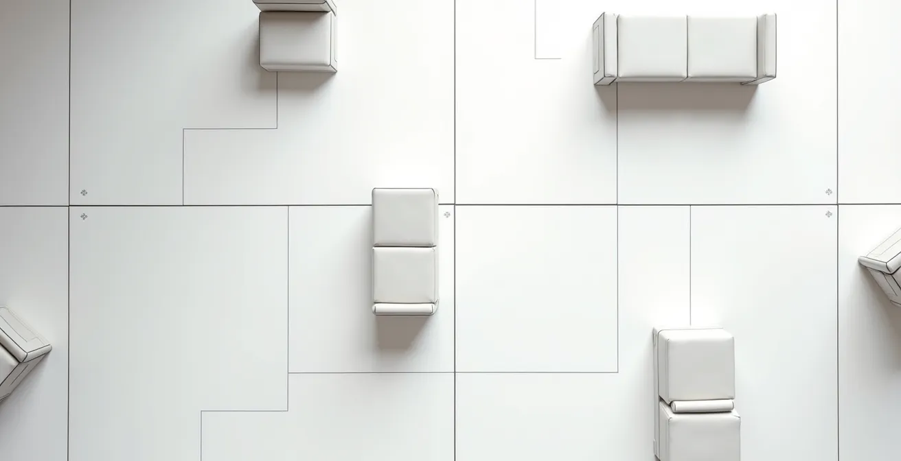 Plan architectural en vue du dessus montrant les différentes zones d'un stand avec mobilier stratégique